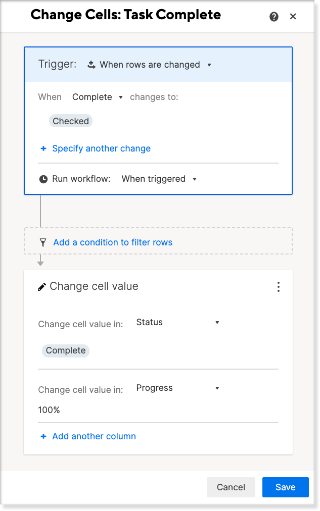 image of Automation workflow showing the change a cell value automation