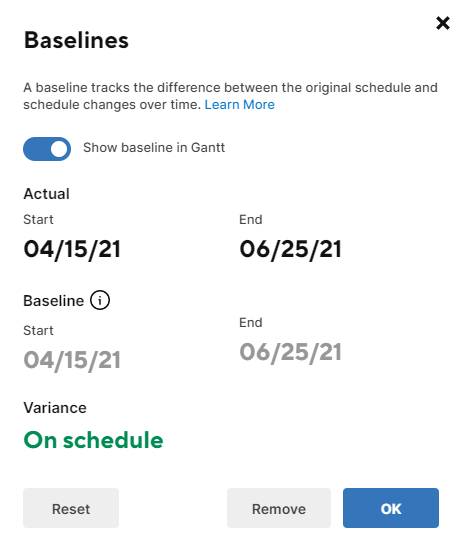 View of the baselines summary window.