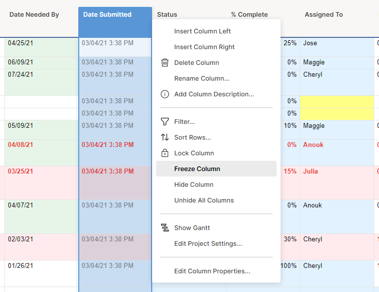 Column menu expanded after clicking More on the column header