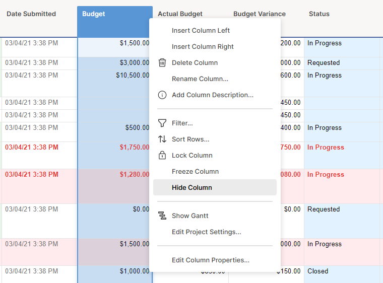 Column menu expanded after clicking More on the column header