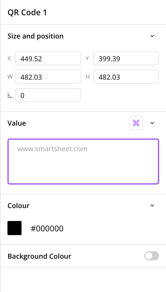 This image shows the QR code settings and value box.