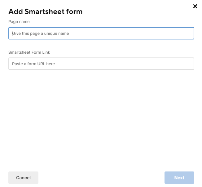 Fenêtre Ajouter un formulaire Smartsheet 