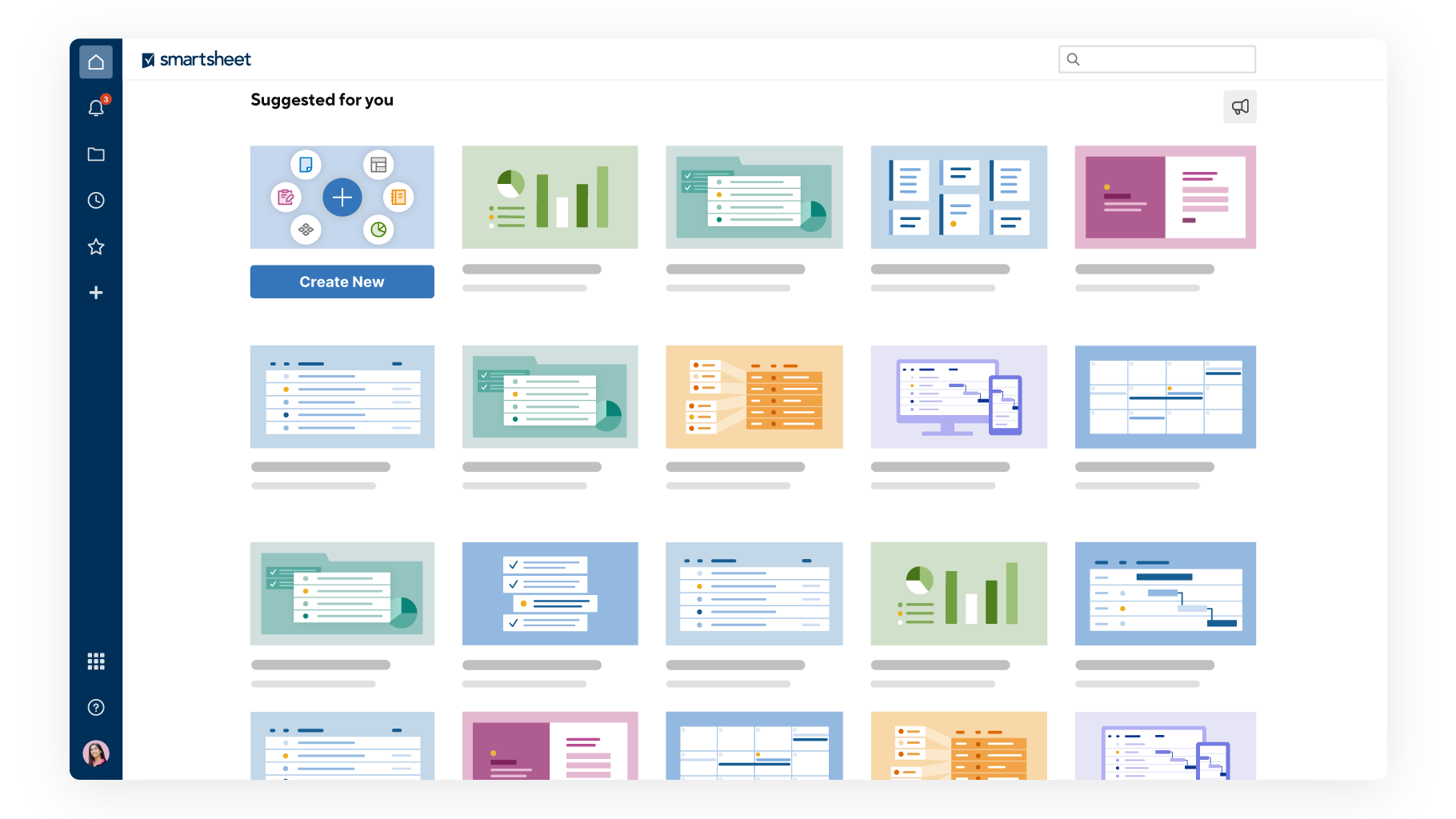 Домашняя страница Smartsheet с различными значками недавно открытых таблиц и панелью навигации слева.