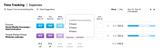 Time tracking half day with flyout over project entry showing options. 