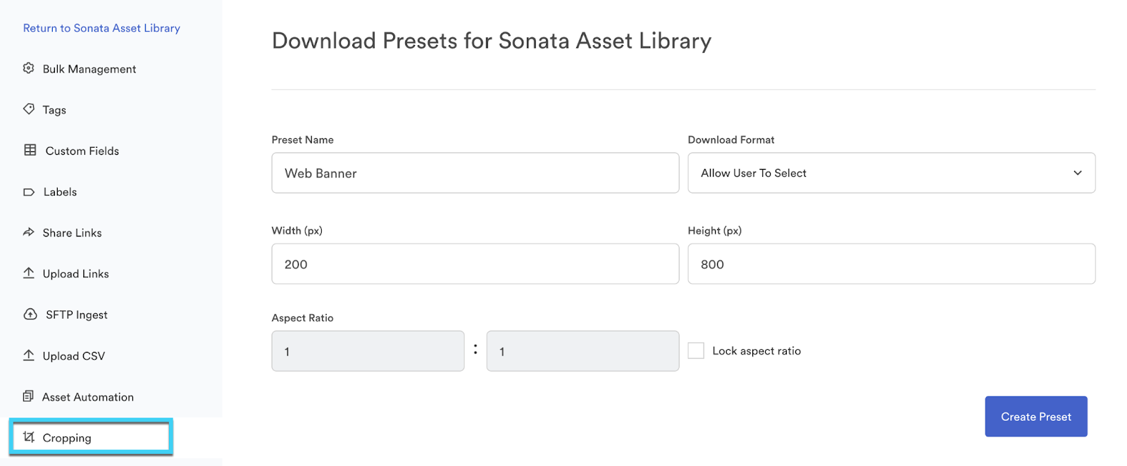 The Cropping page in bulk management with cropping tab highlighted on the left hand side navigation.