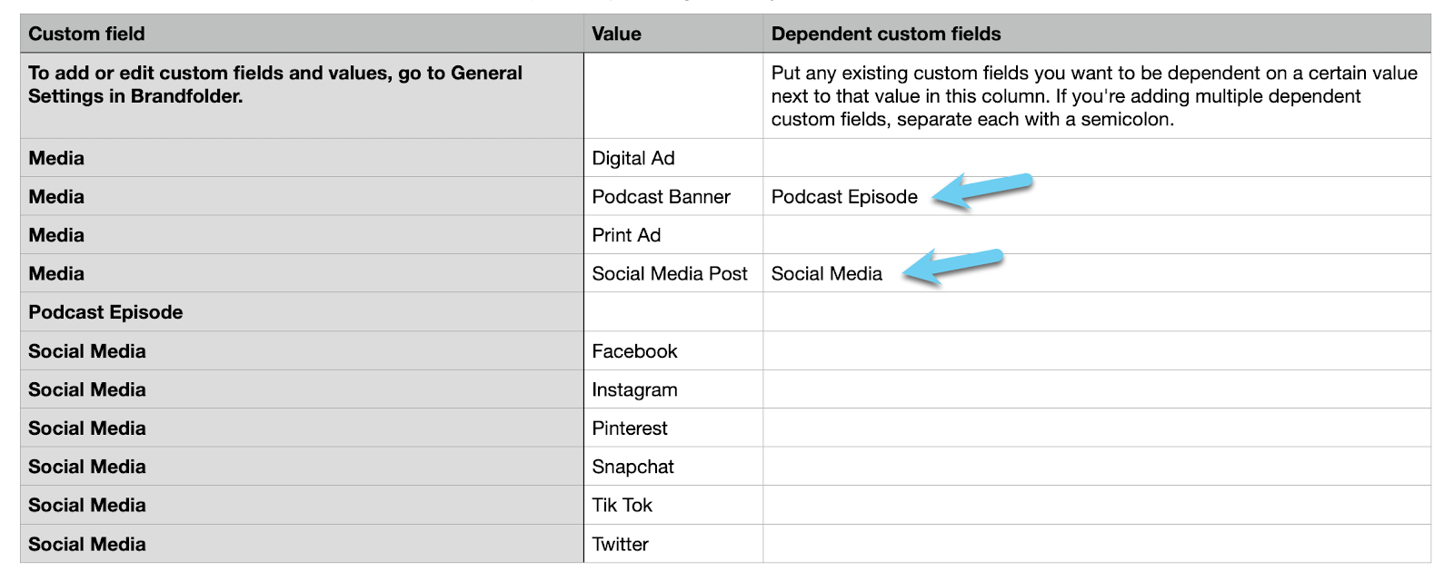 This image shows a csv with dependent custom fields. 