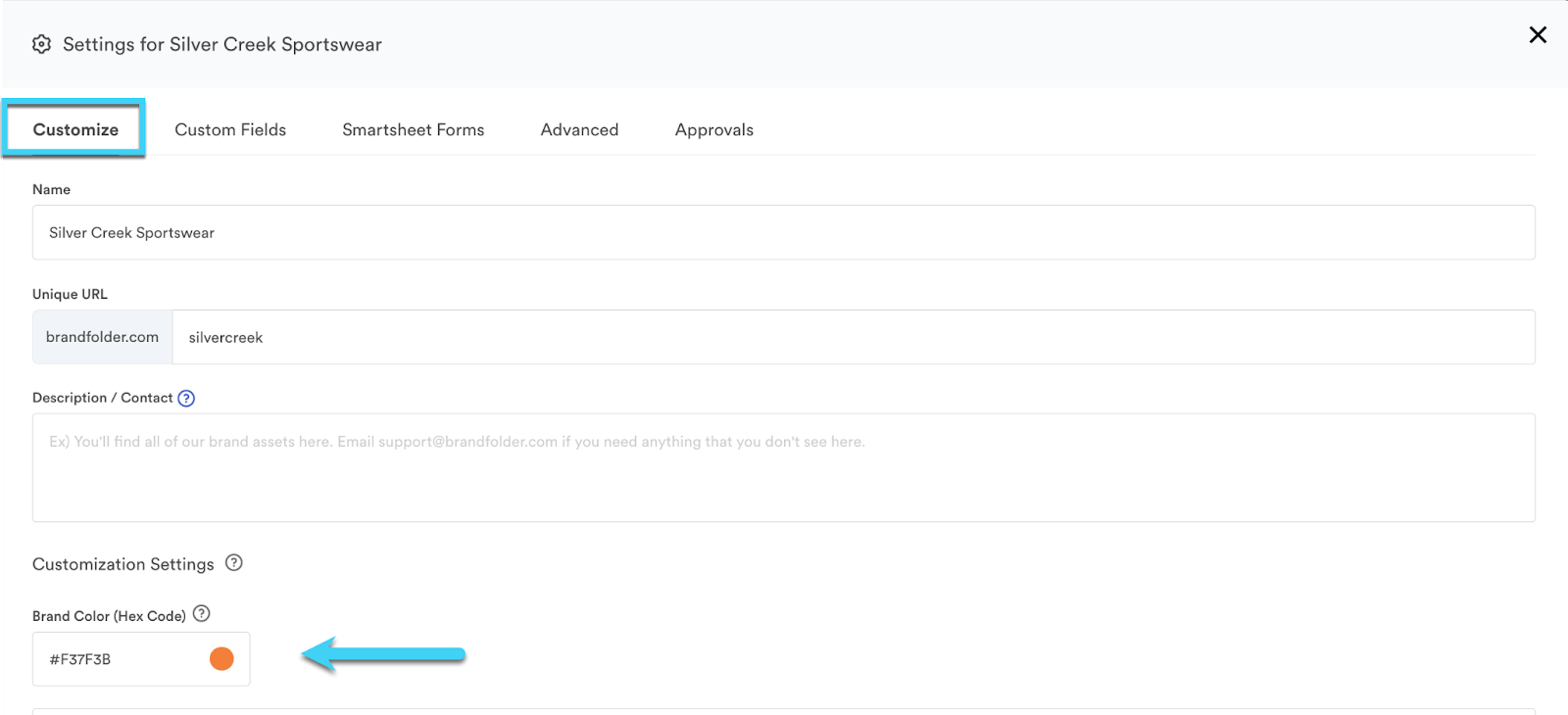 This image shows the hex code field in the customize tab of the brandfolder level general settings panel.