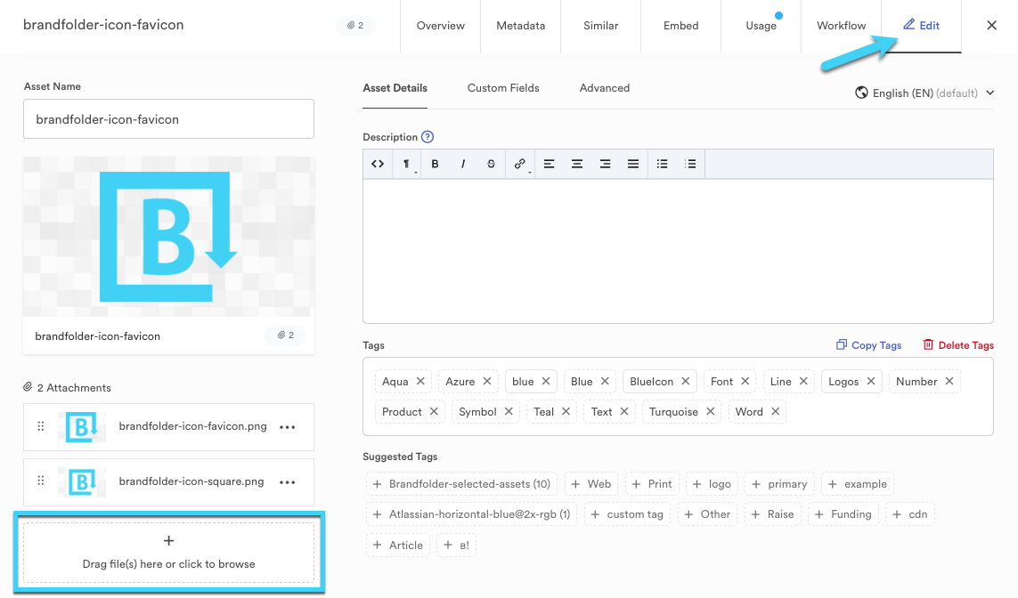 This image depicts the attachment uploader box in the edit tab of the asset modal.